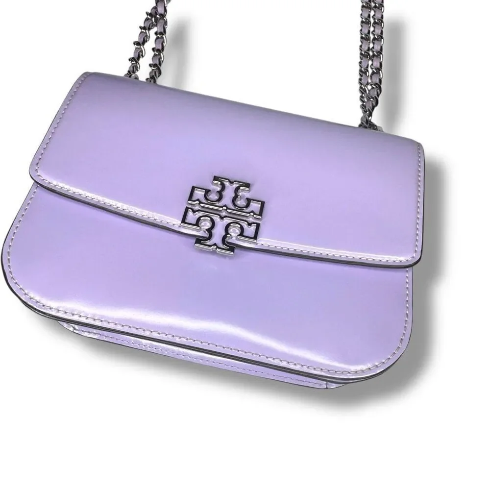 Tory Burch Purple Lavender Patent Leather Silver Logo Chain Britten Shoulder Bag